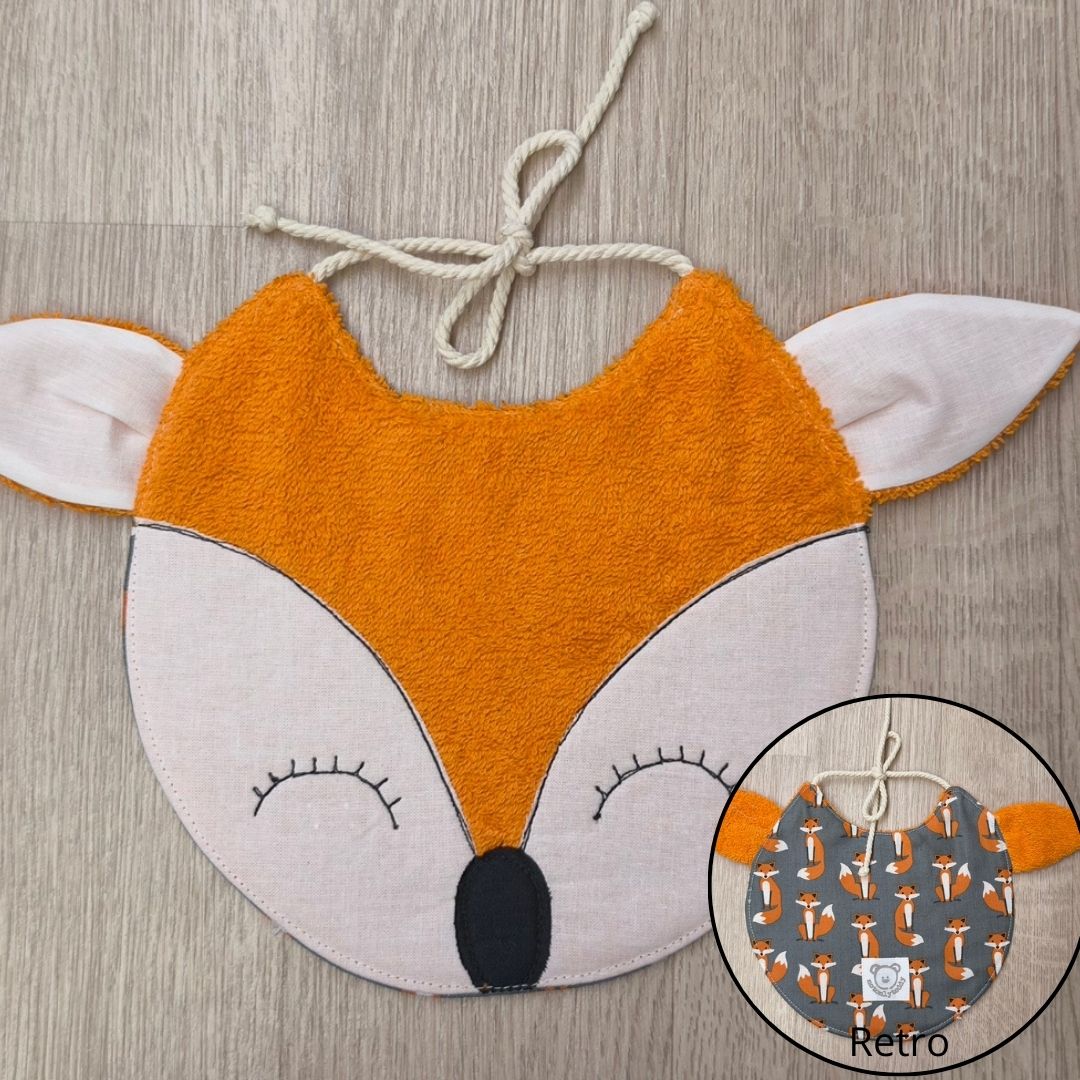 bavaglino per neonato con animaletti, a forma di musetto di volpina - davanti e dietro