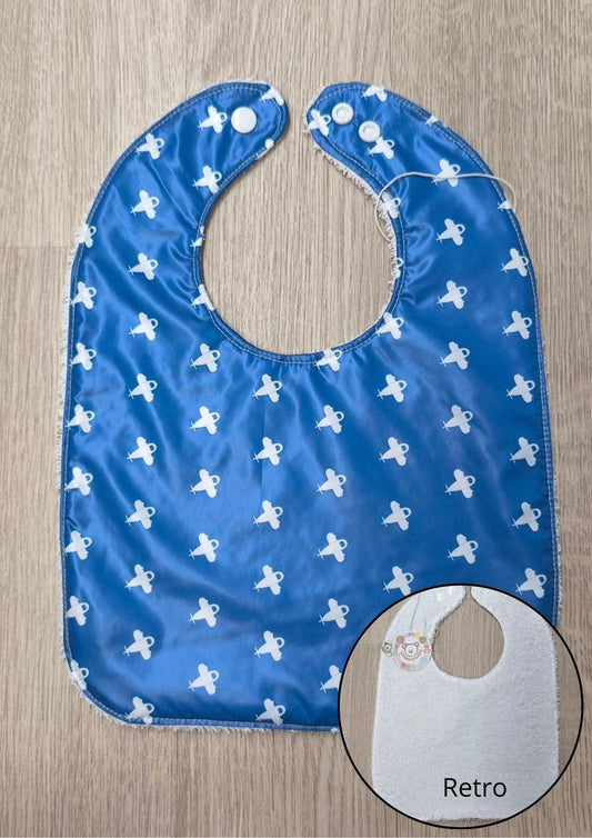 Bavaglino svezzamento cerato blu con retro in spugna - grafiche NotOnlyTeddy aeroplanini