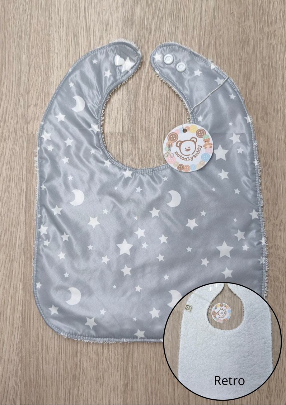 Bavaglino svezzamento cerato grigio con retro in spugna - grafiche NotOnlyTeddy stelline