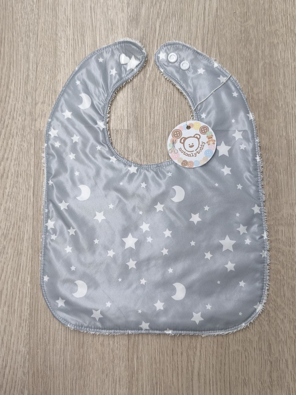 Bavaglino svezzamento cerato grigio con retro in spugna - grafiche NotOnlyTeddy stelline