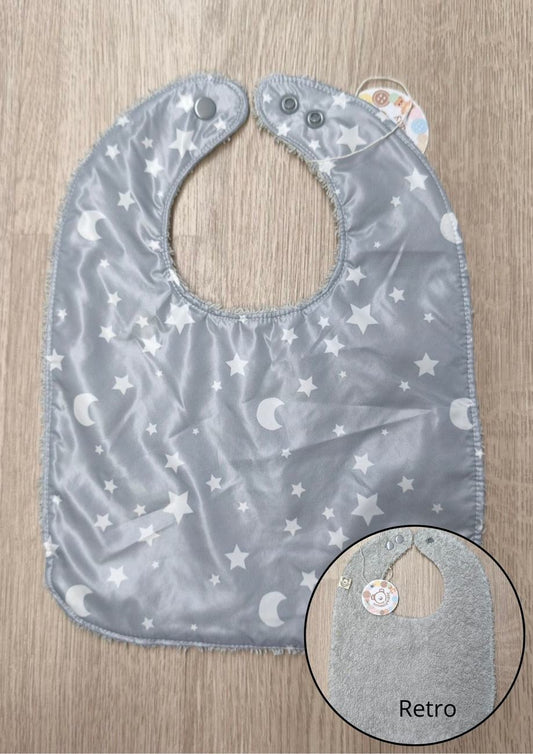 Bavaglino svezzamento cerato grigio con retro in spugna - grafiche NotOnlyTeddy stelline