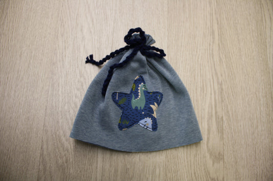 Berretto in felpa pelosa avio con fiocchetto blu - stella dinosauri - T 6-9 mesi