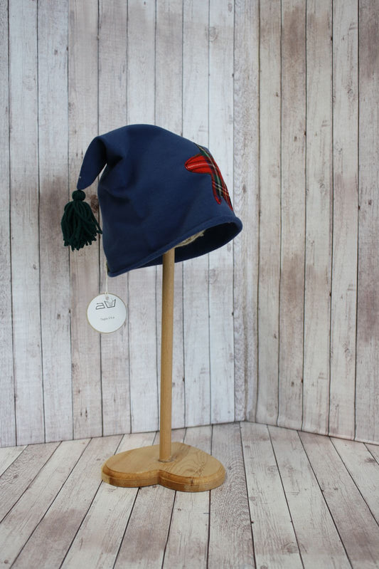 Berretto in felpa blu con nappine verdi - stellina scozzese - 3-5 anni