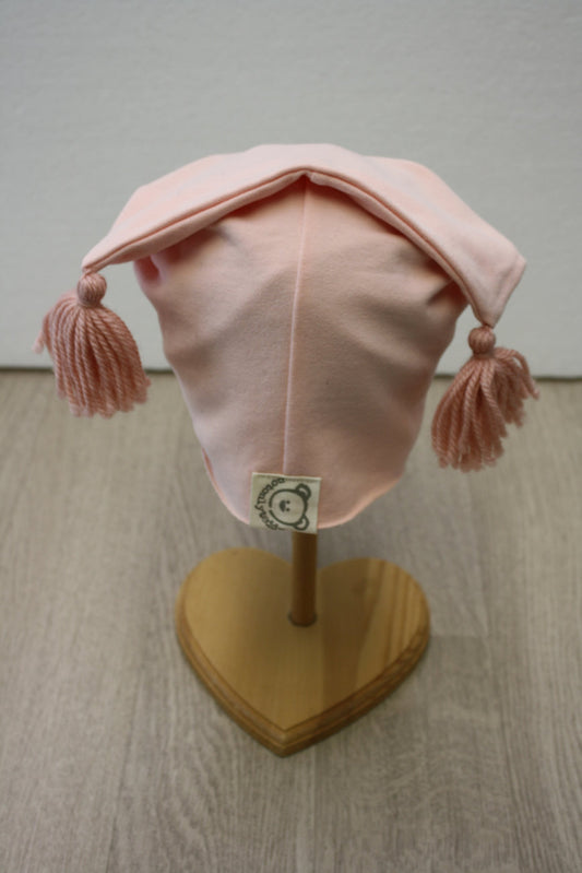 Berretto in felpa rosa con nappine rosa - cuore fiorellini - 18-24 mesi