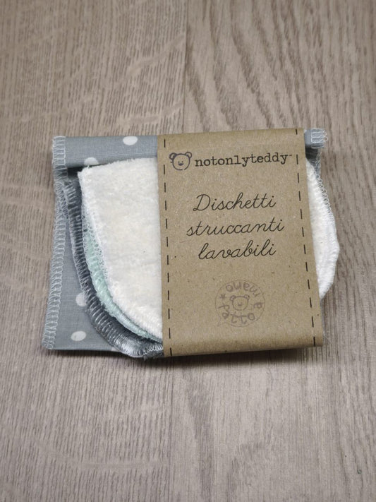 Set: 3 dischetti struccanti lavabili + bustina cerata verde-grigio a pois