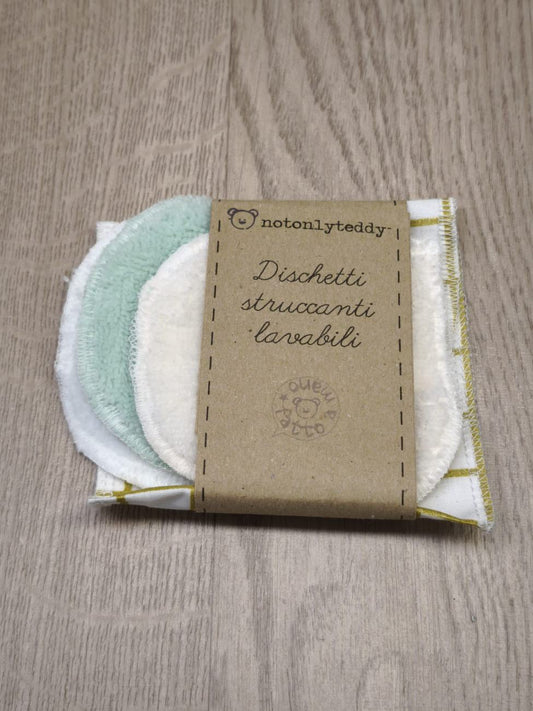 Set: 3 dischetti struccanti lavabili + bustina cerata quadri oro