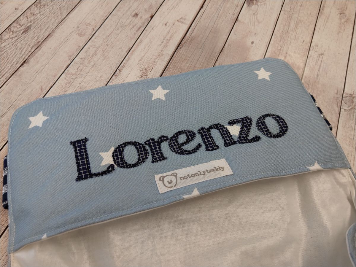 Fasciatoio portatile - Portapannolini blu scuro a pois con interno cerato dinosauri