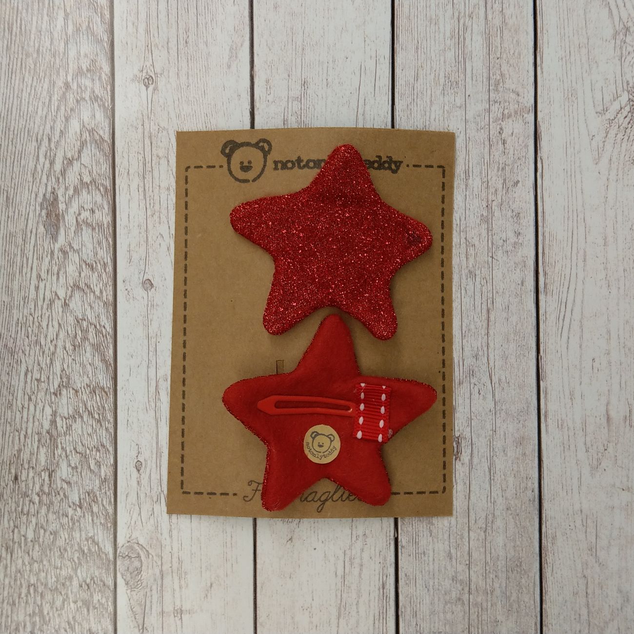 fermaglietti a forma di stella in maglina glitter rosso - davanti e dietro