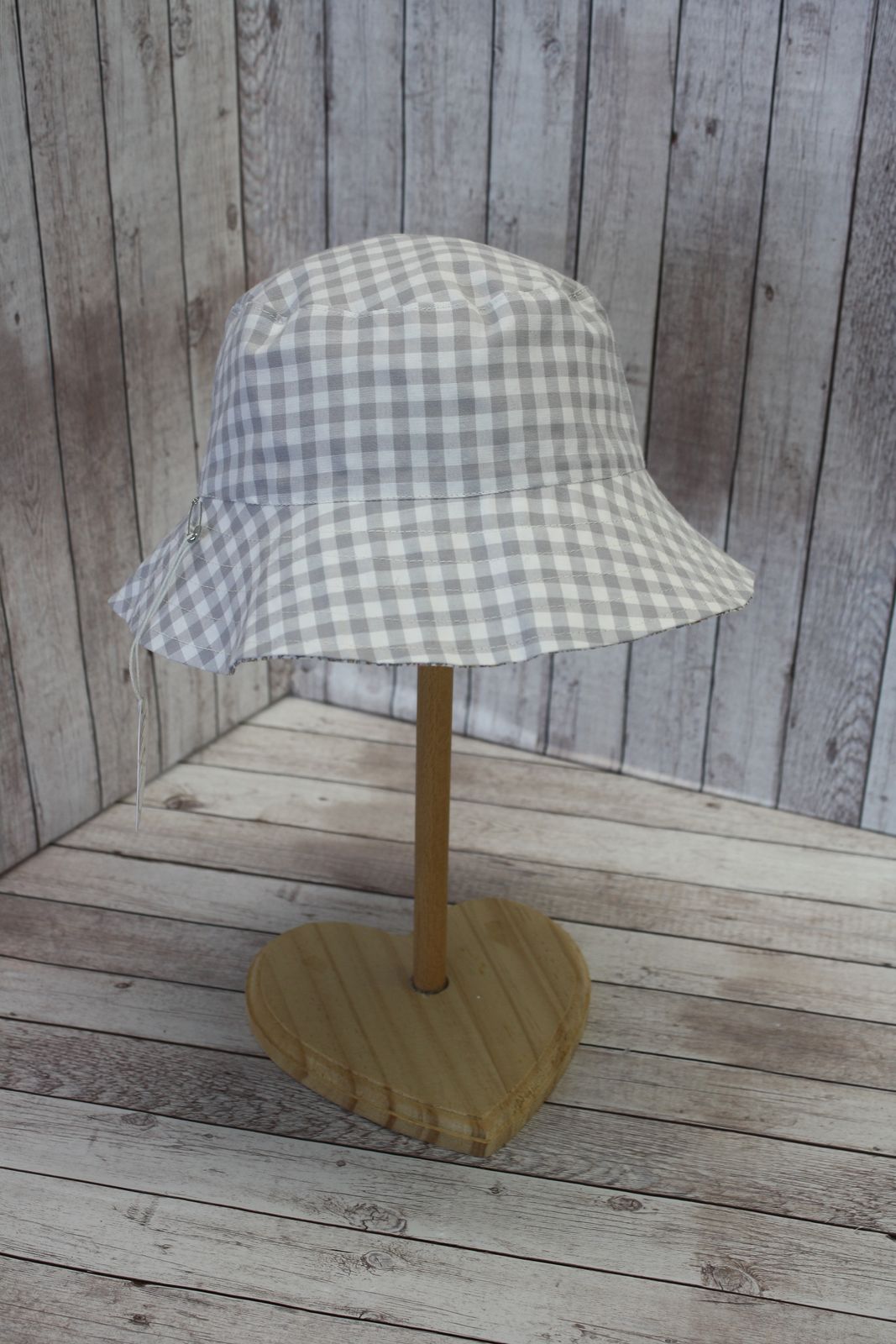 Cappellino pescatore, cappellino parasole double-face, fiorellini chiari e quadretti grigi - Taglia 3-5 anni
