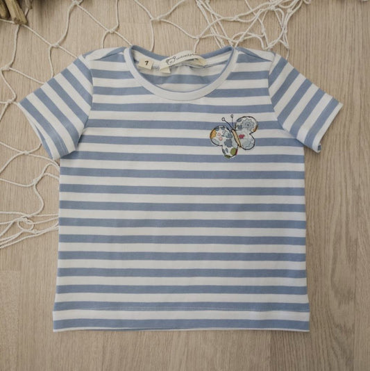 Maglietta a righe bianche e azzurre a maniche corte con farfallina - taglia 1 anno pronta consegna