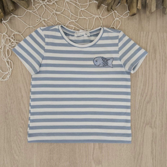 Maglietta a righe bianche e azzurre a maniche corte con pesciolino - taglia 2 anni pronta consegna