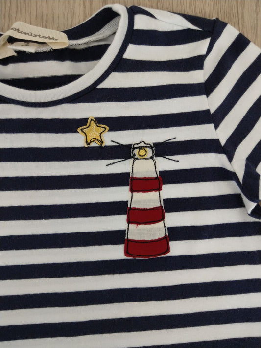 Maglietta a maniche corte a righe bianche e blu con faro - taglia 3 anni pronta consegna