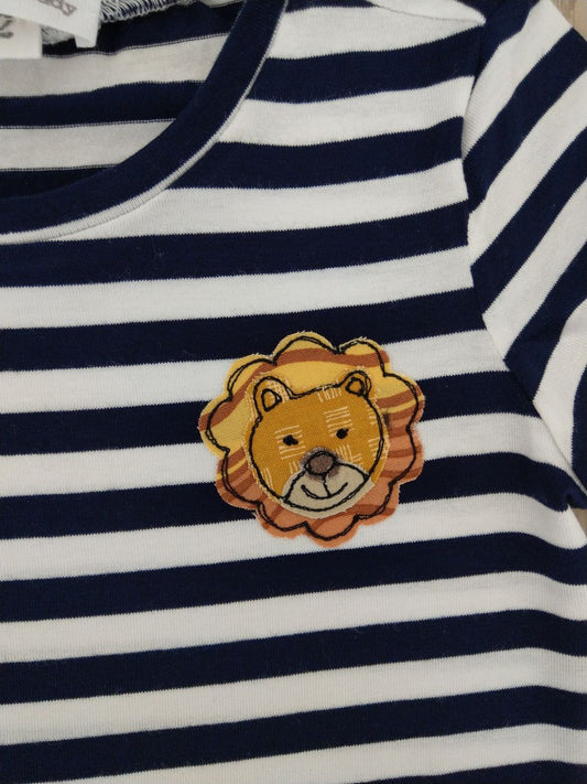 Maglietta a maniche corte a righe bianche e blu con leoncino - taglia 2 anni pronta consegna