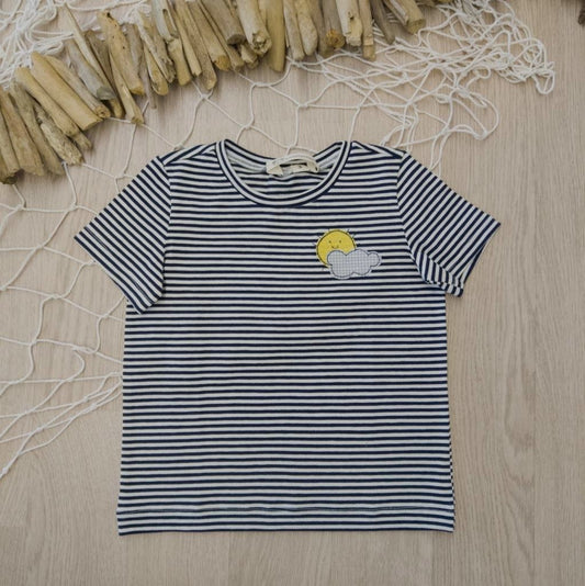 Maglietta a maniche corte a righe sottili bianche e blu con sole e nuvola - taglia 3 anni pronta consegna