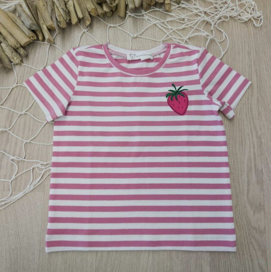 Maglietta a righe bianche e rosa a maniche corte con fragolina - taglia 3 anni pronta consegna