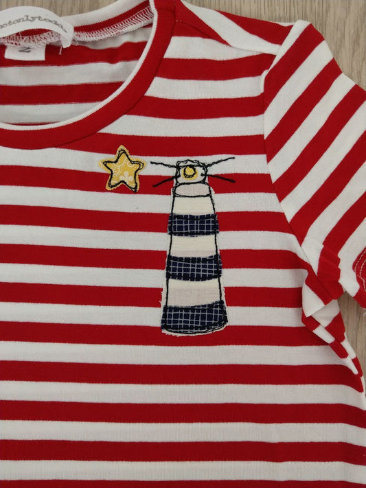 Maglietta a maniche corte a righe bianche e rosse con faro - taglia 2 anni pronta consegna