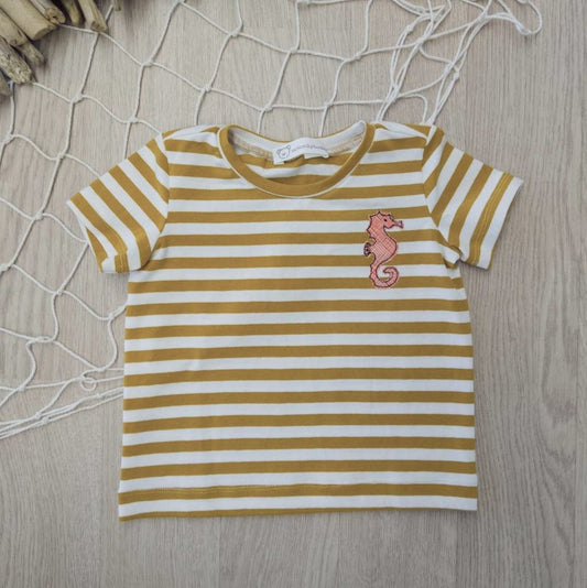 Maglietta a maniche corte a righe bianche e senape con cavalluccio - taglia 1 anno pronta consegna