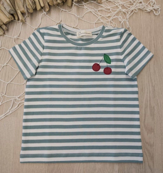 Maglietta a righe bianche e verdi con ciliegie - maniche corte - taglia 4 anni pronta consegna