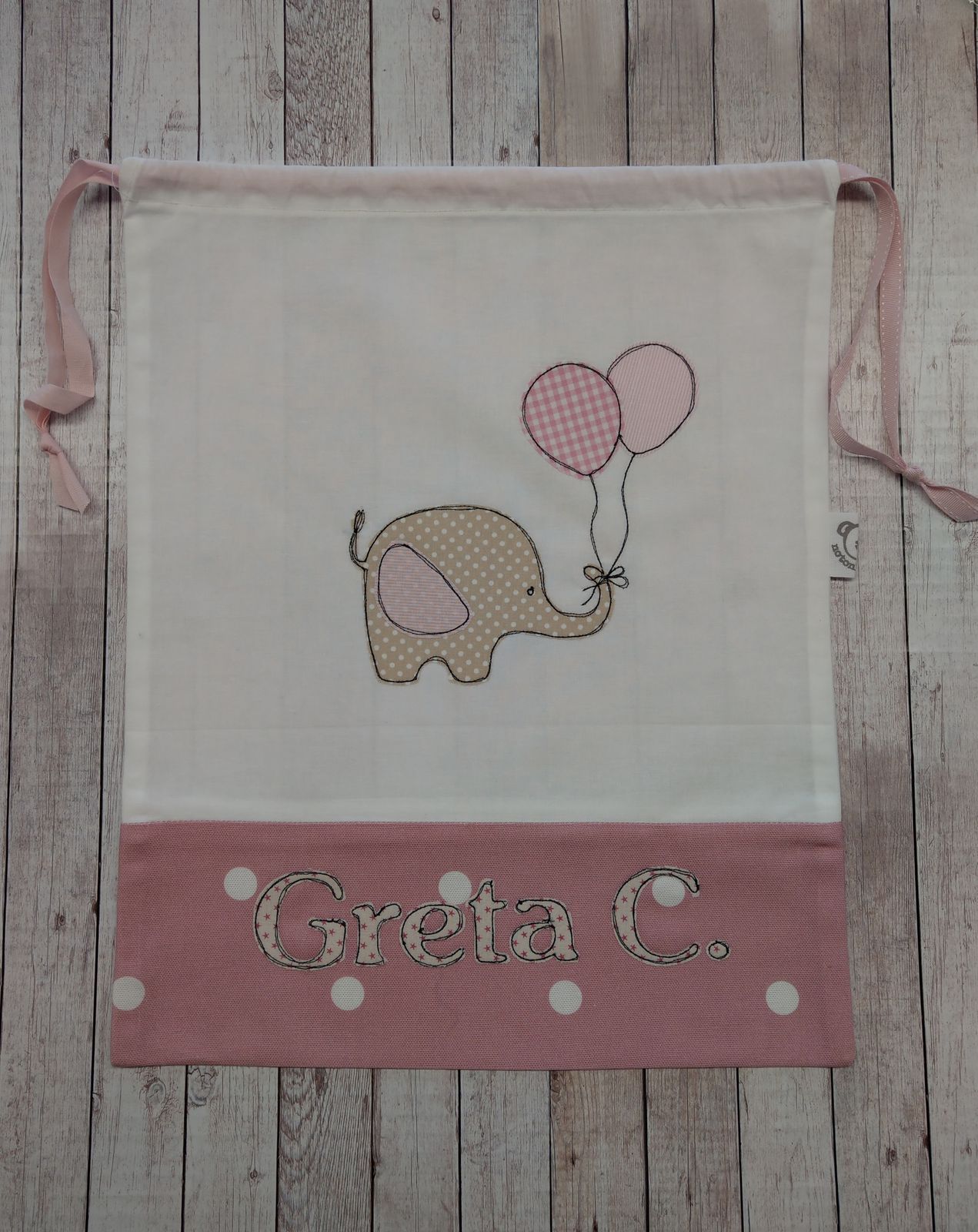 Sacchetto semplice con ricamo di elefantino rosa