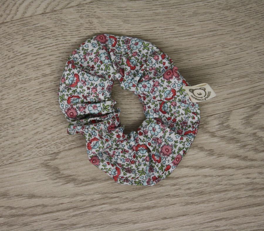 Scrunchie - elastico per capelli - fiorellini rosa fucsia e azzurri