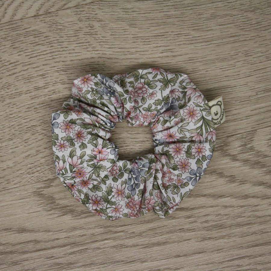 Scrunchie - elastico per capelli - fiorellini rosa, verde e viola
