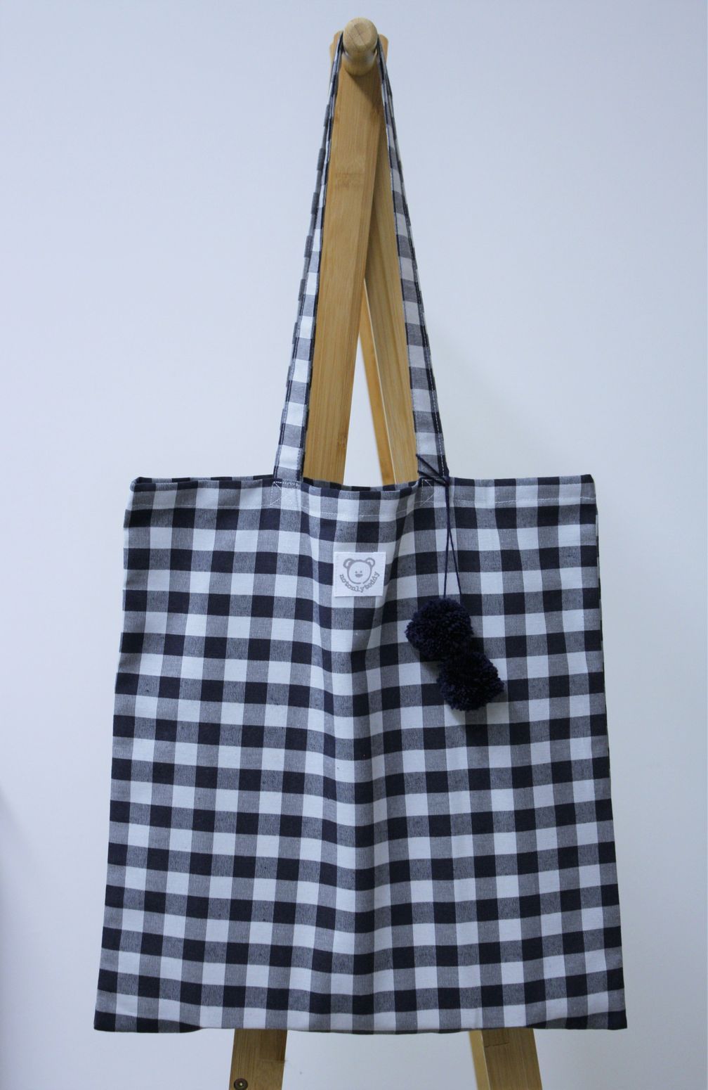 shopper bag quadri blu pom pon blu