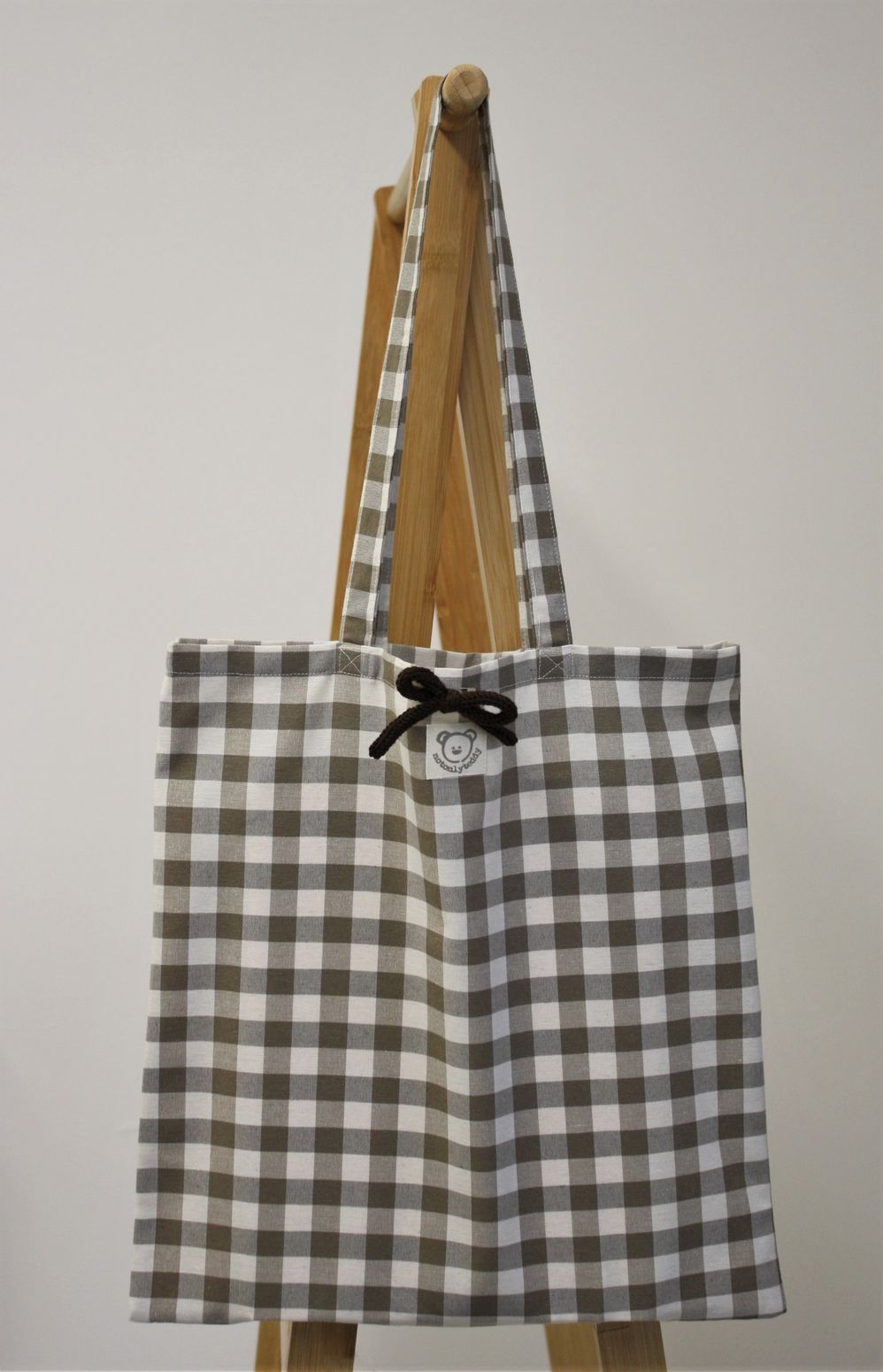shopper bag a quadri tortora fiocco marrone