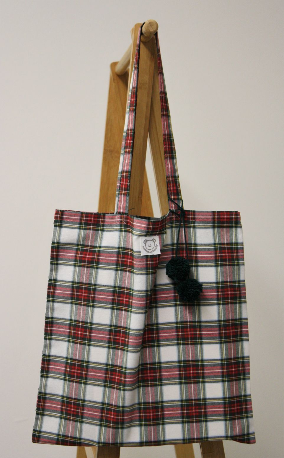 shopper donna tessuto tartan bianco pom pon verdi