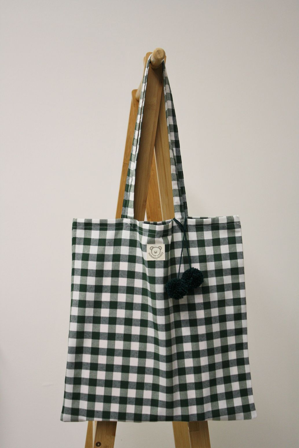 shopper tela quadri verdi intera pom pon verdi