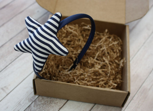 Cerchiello in raso blu con stellina a righe bianche e blu