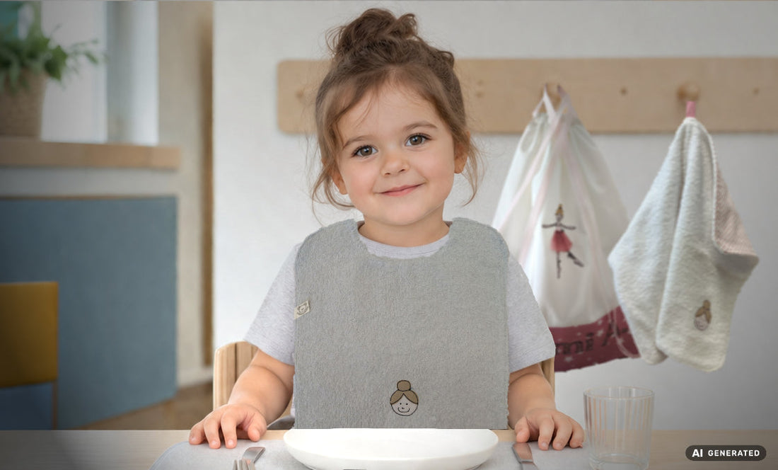 Immagine Ai con prodotti reali e ambientazione deep fake: bambina all'asilo con bavaglino, zainetto e asciugamano ballerina