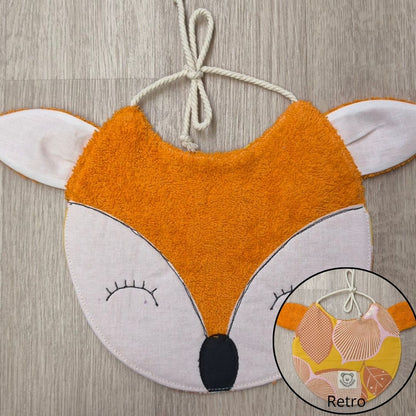 bavaglino per neonato con animaletti, a forma di musetto di volpe - davanti e dietro