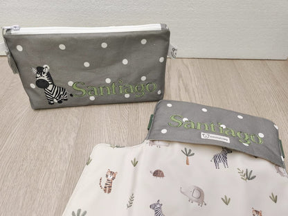 Beauty case portatutto – personalizzabile – coordinabile con fasciatoio - pois bianchi su fondo grigio con zebra