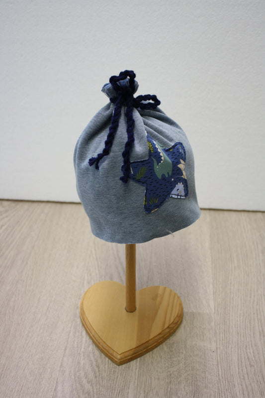 Berretto in felpa pelosa avio con fiocchetto blu - stella dinosauri -  T 6-9 mesi