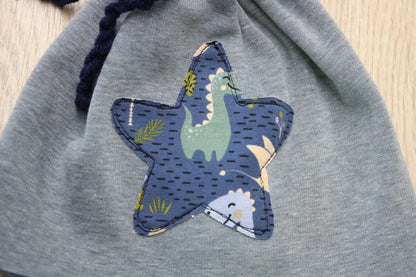 Berretto in felpa pelosa avio con fiocchetto blu - stella dinosauri -  T 6-9 mesi