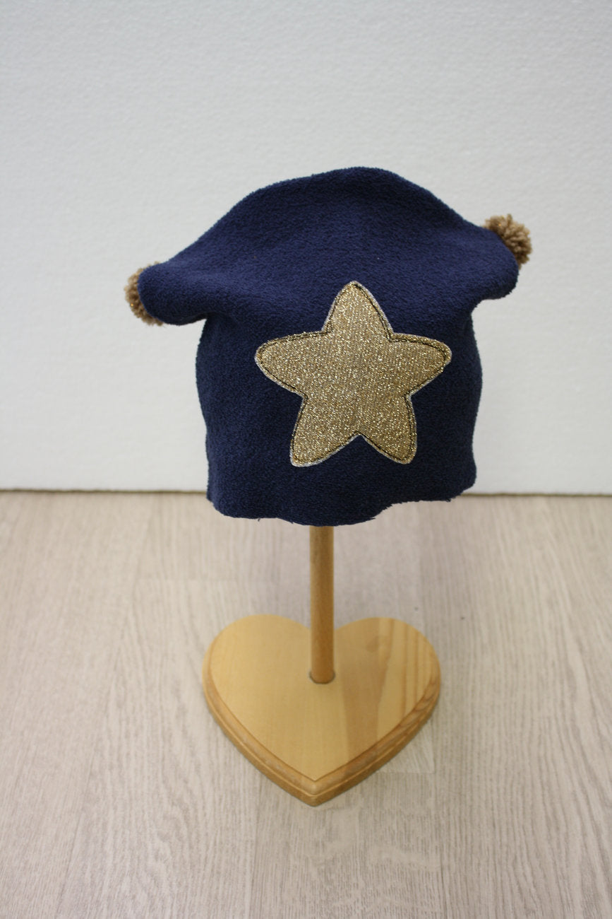 Berretto in felpa blu con pon pon cammello - stella oro glitter 9-12 mesi