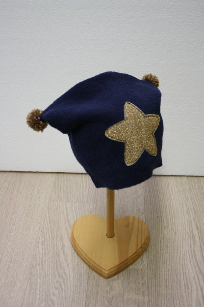 Berretto in felpa blu con pon pon cammello - stella oro glitter 9-12 mesi