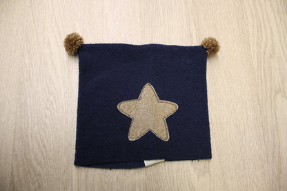 Berretto in felpa blu con pon pon cammello - stella oro glitter 9-12 mesi