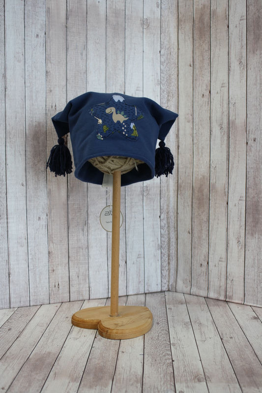 Berretto in felpa avio con nappine blu- stellina - 30-36 mesi