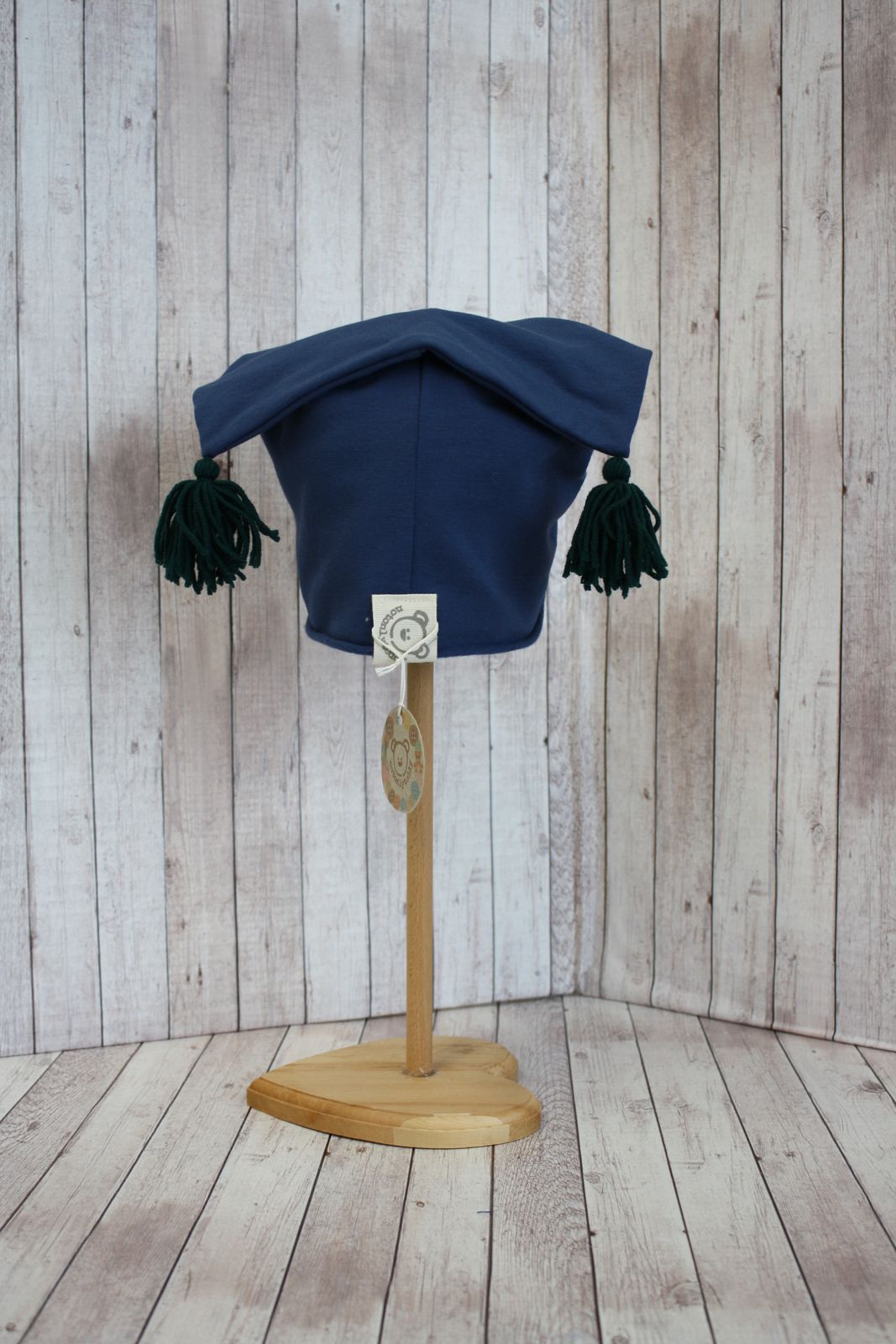 Berretto in felpa blu con nappine verdi - stellina scozzese - 3-5 anni