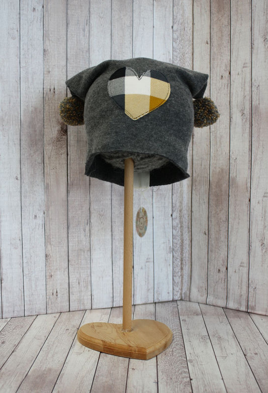 Berretto in felpa grigia con pompon - cuore scozzese - 24-30 mesi