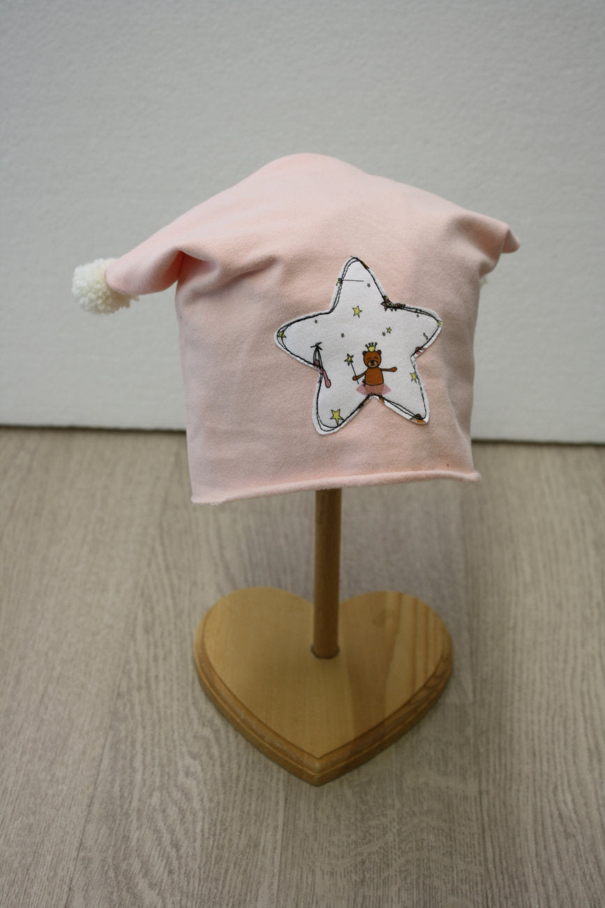 Berretto in felpa rosa con pon pon bianchi - stellina fatine - 12-18 mesi