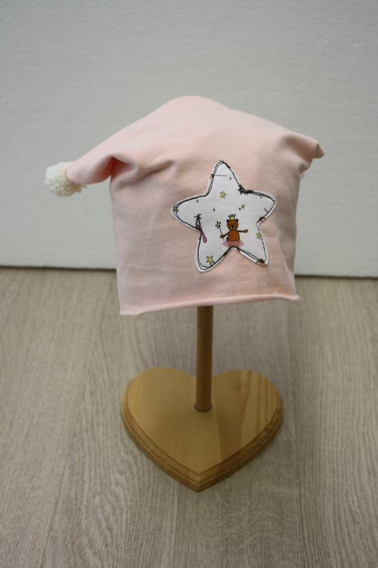 Berretto in felpa rosa con pon pon bianchi - stellina fatine - 12-18 mesi