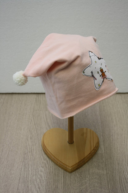 Berretto in felpa rosa con pon pon bianchi - stellina fatine - 12-18 mesi