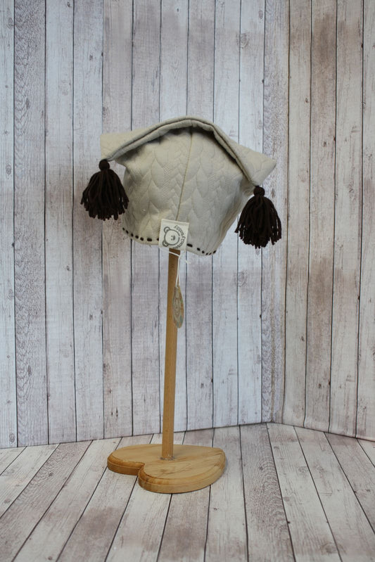 Berretto in jersey knit beige con nappine e bordino marroni - 9-12 mesi