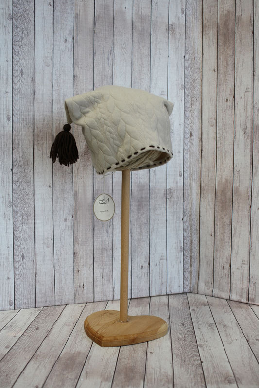 Berretto in jersey knit beige con nappine e bordino marroni - 9-12 mesi