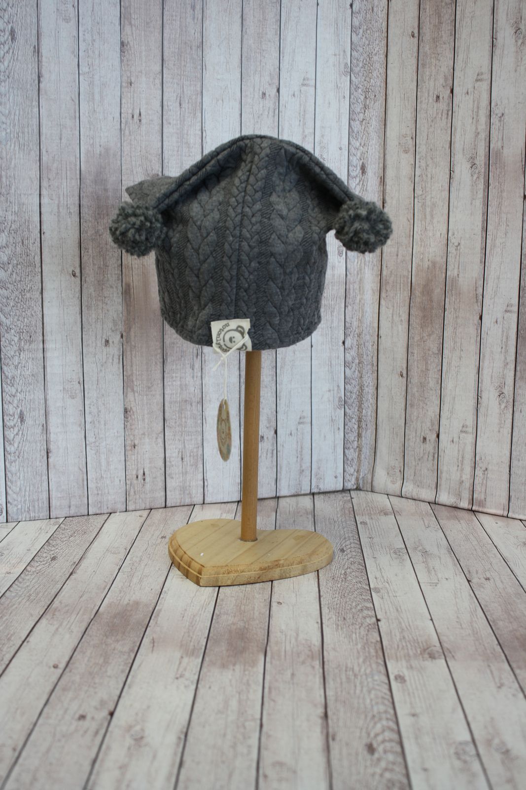 Berretto in jersey knit grigio melange con pompon grigi - 9-12 mesi
