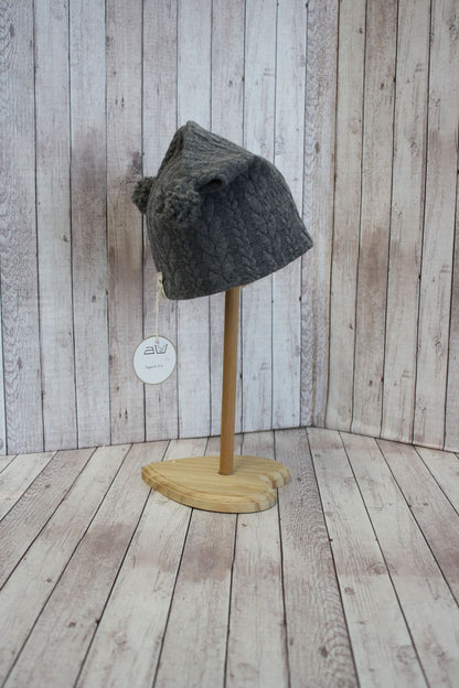 Berretto in jersey knit grigio melange con pompon grigi - 9-12 mesi