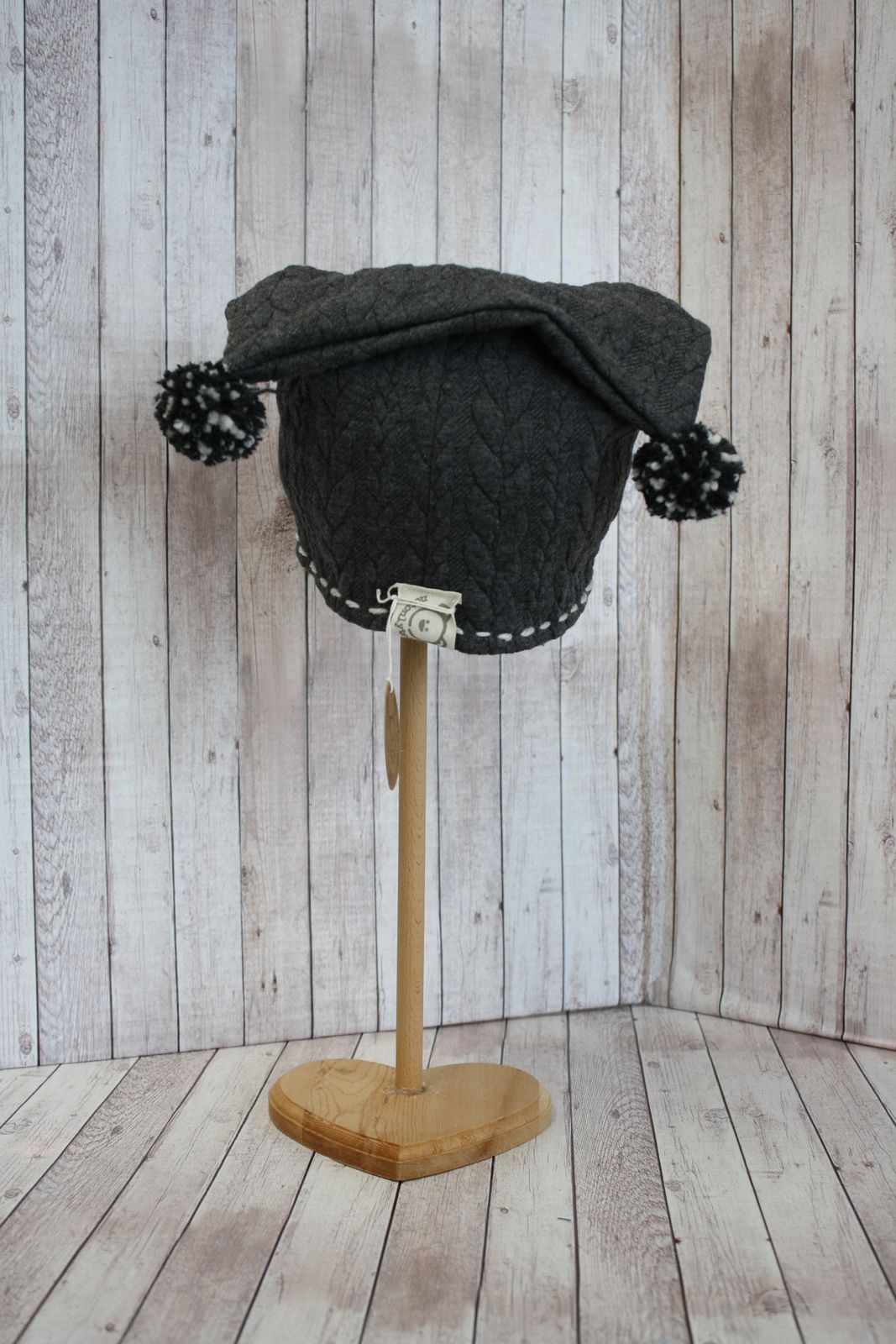 Berretto in jersey knit grigio scuro melange con pompon grigi - 6-8 anni