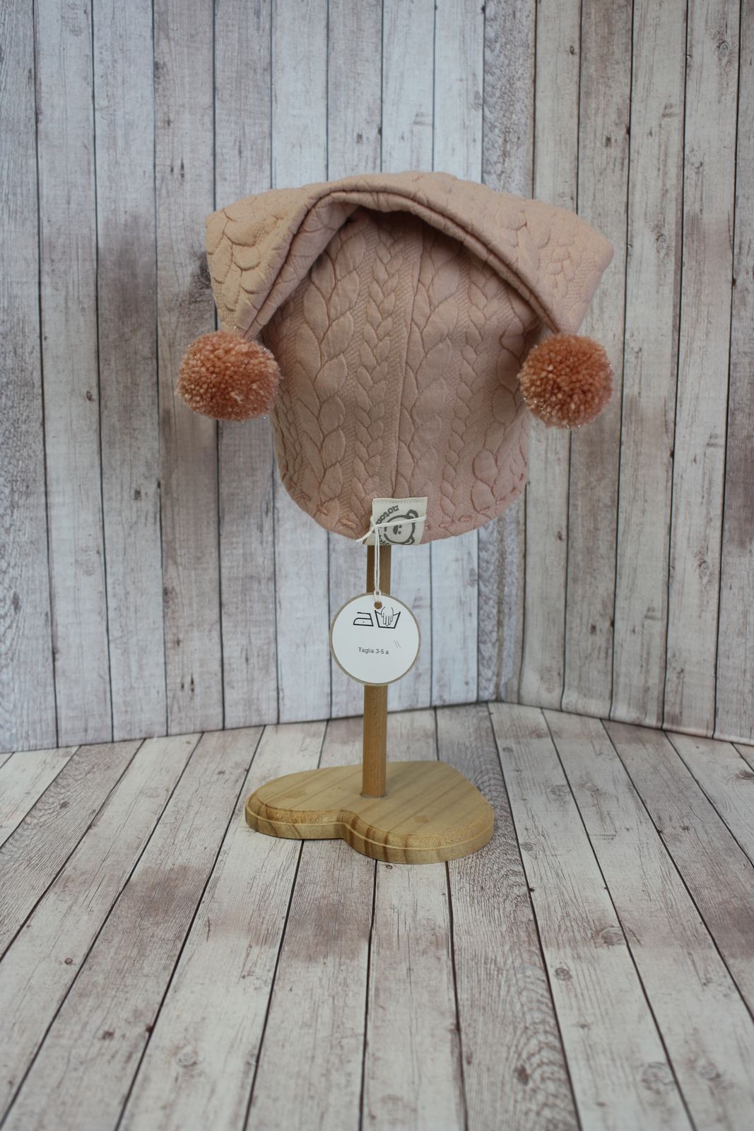 Berretto in jersey knit rosa con pompon piccoli rosa antico glitter - 3-5 anni
